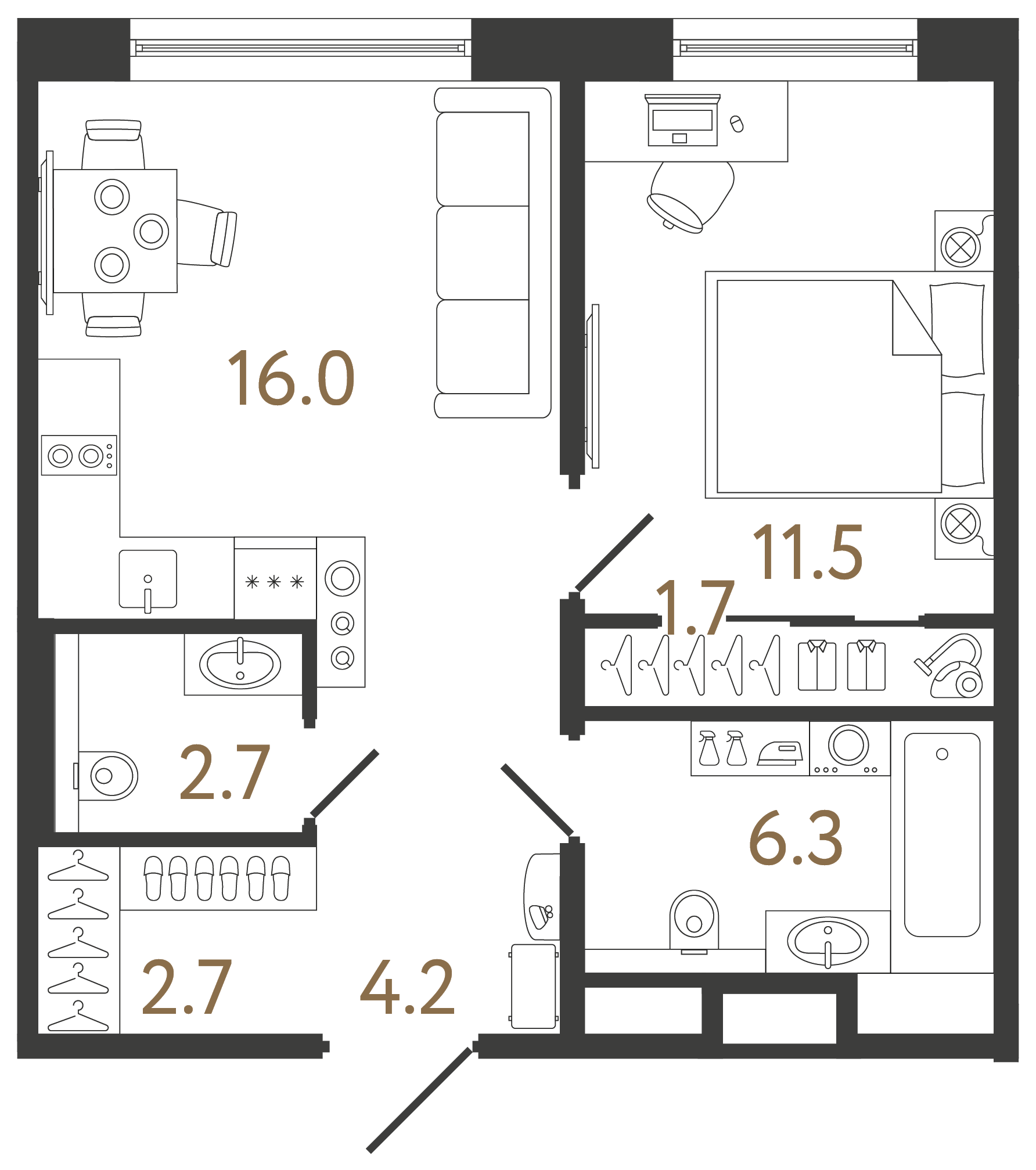 Однокомнатная квартира 45.1 м²