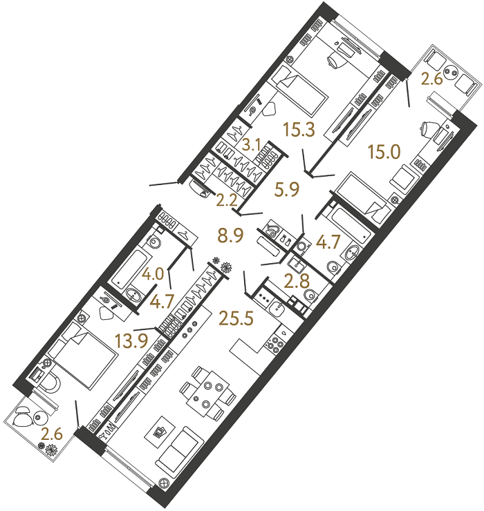Трёхкомнатная квартира 106 м²