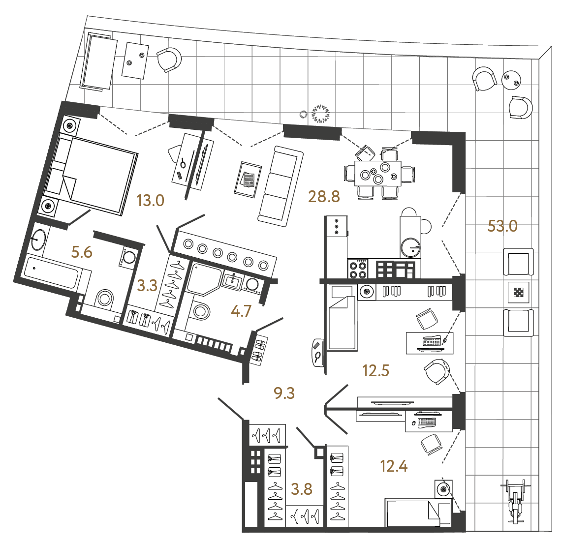 Трёхкомнатная квартира 93.4 м²