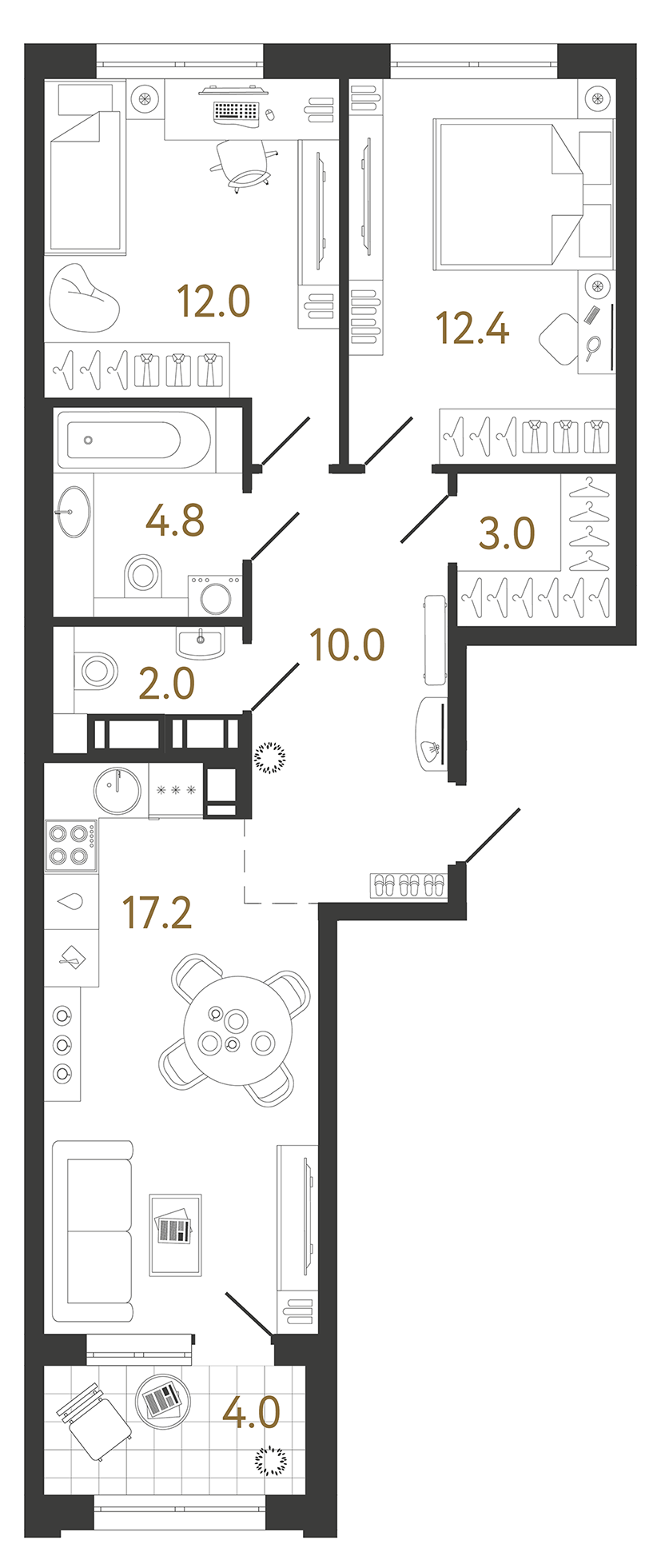 Двухкомнатная квартира 61.4 м²