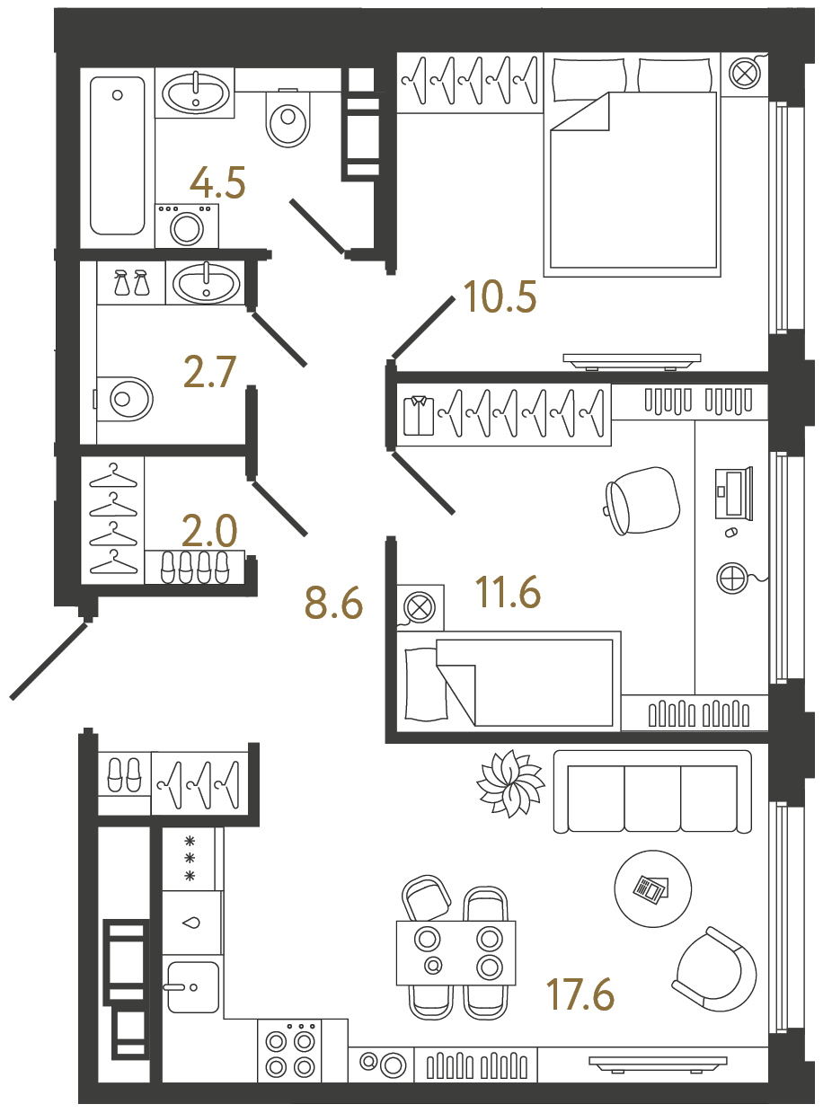 Двухкомнатная квартира 57.5 м²
