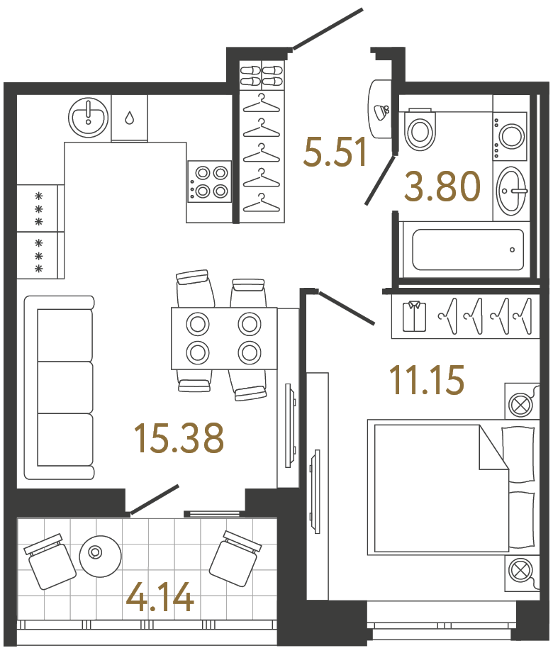 Однокомнатная квартира 35.84 м²