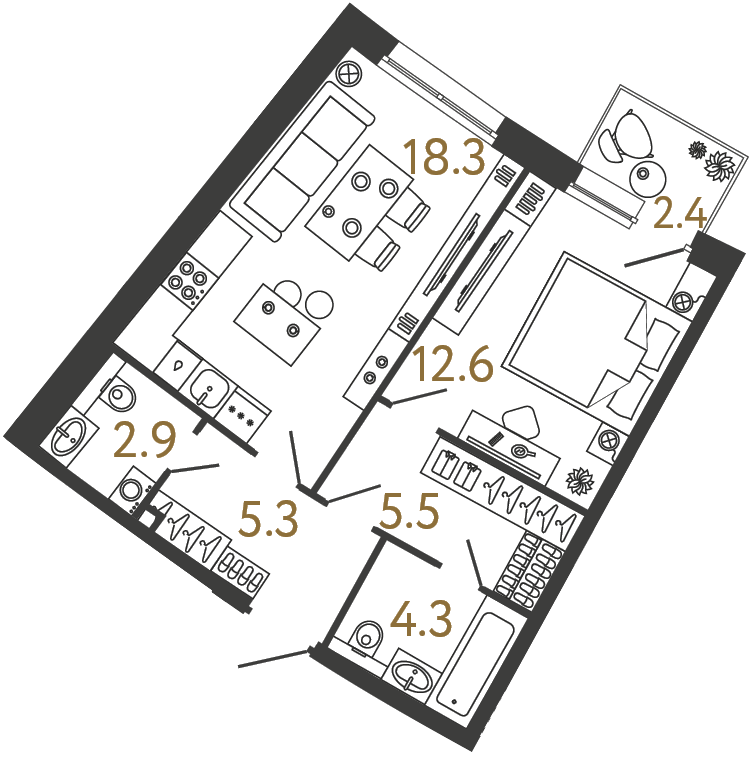 Однокомнатная квартира 48.9 м²