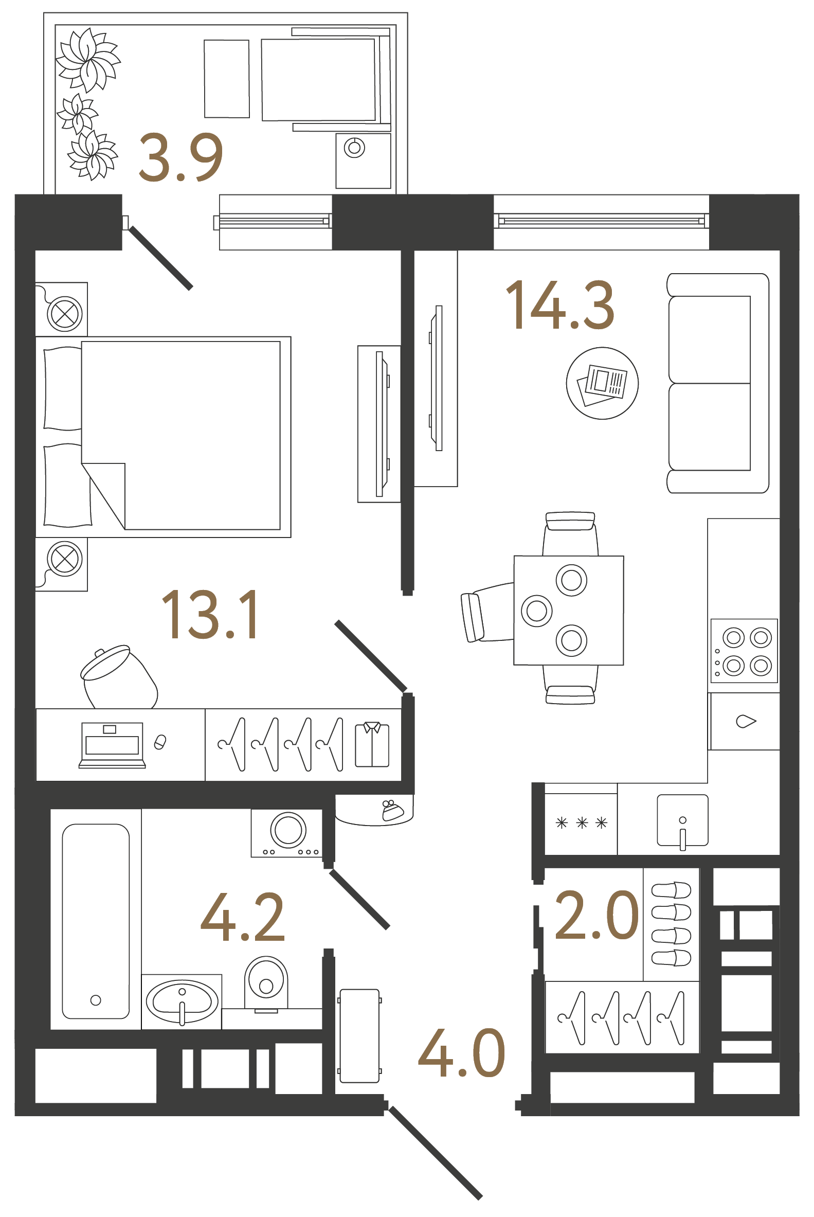 Однокомнатная квартира 37.6 м²
