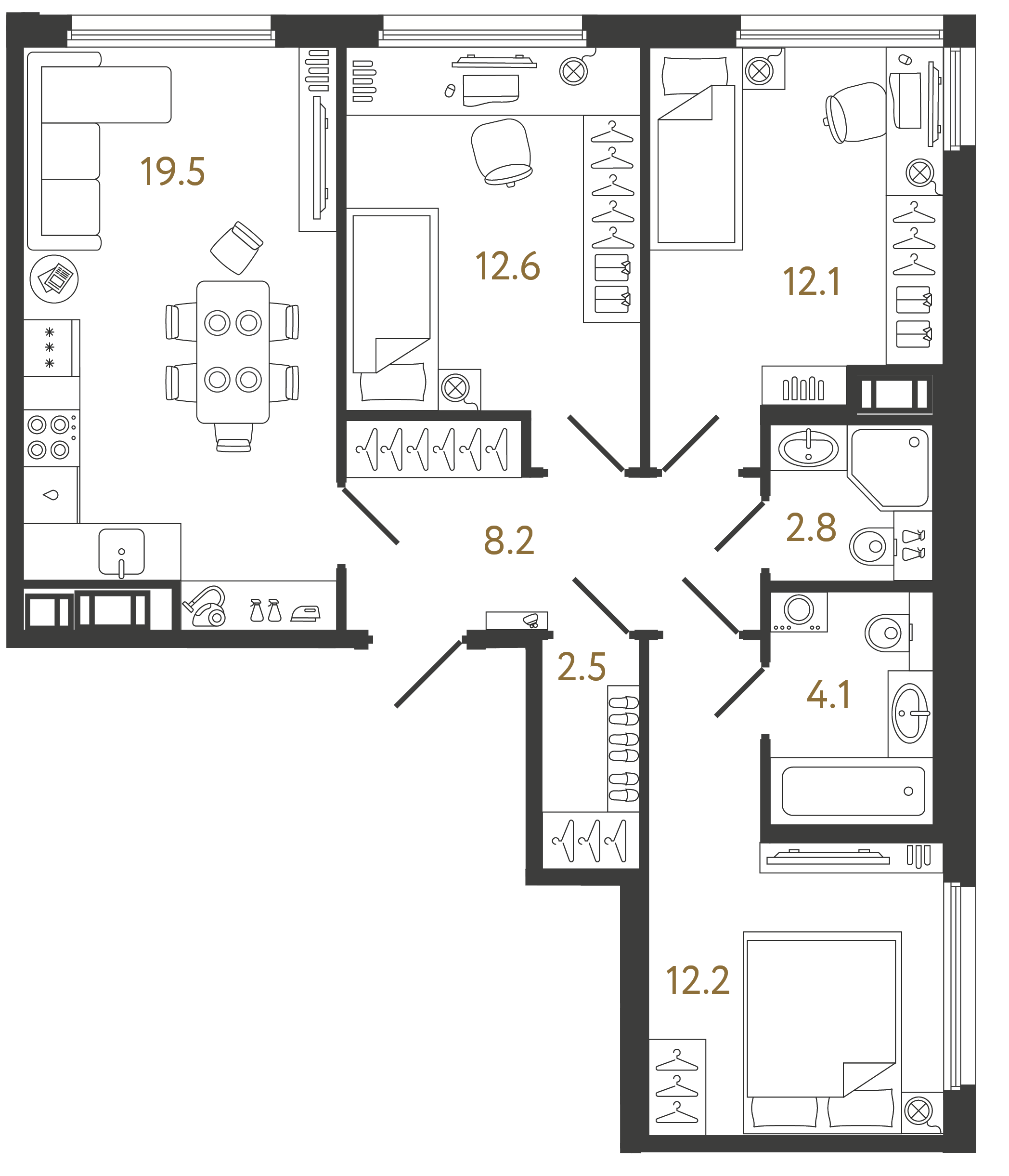 Трёхкомнатная квартира 74 м²