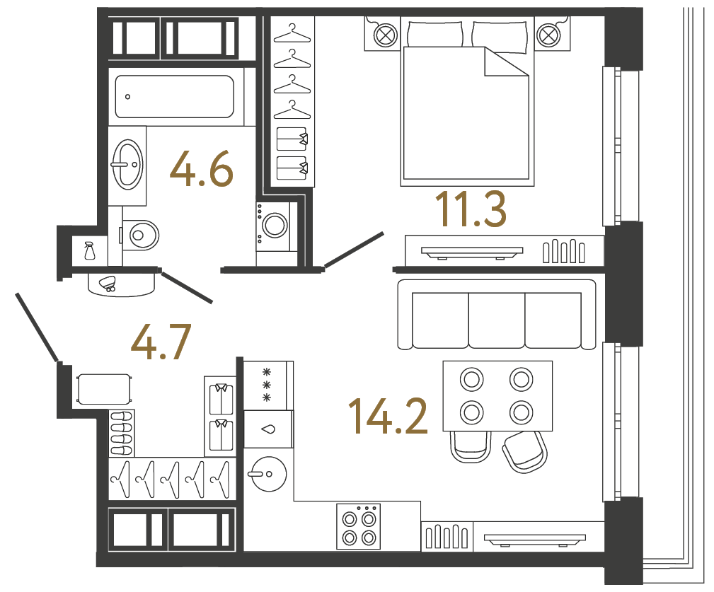 Однокомнатная квартира 34.8 м²
