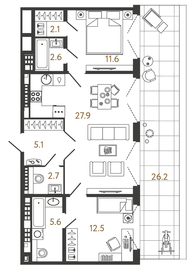 Двухкомнатная квартира 70.1 м²