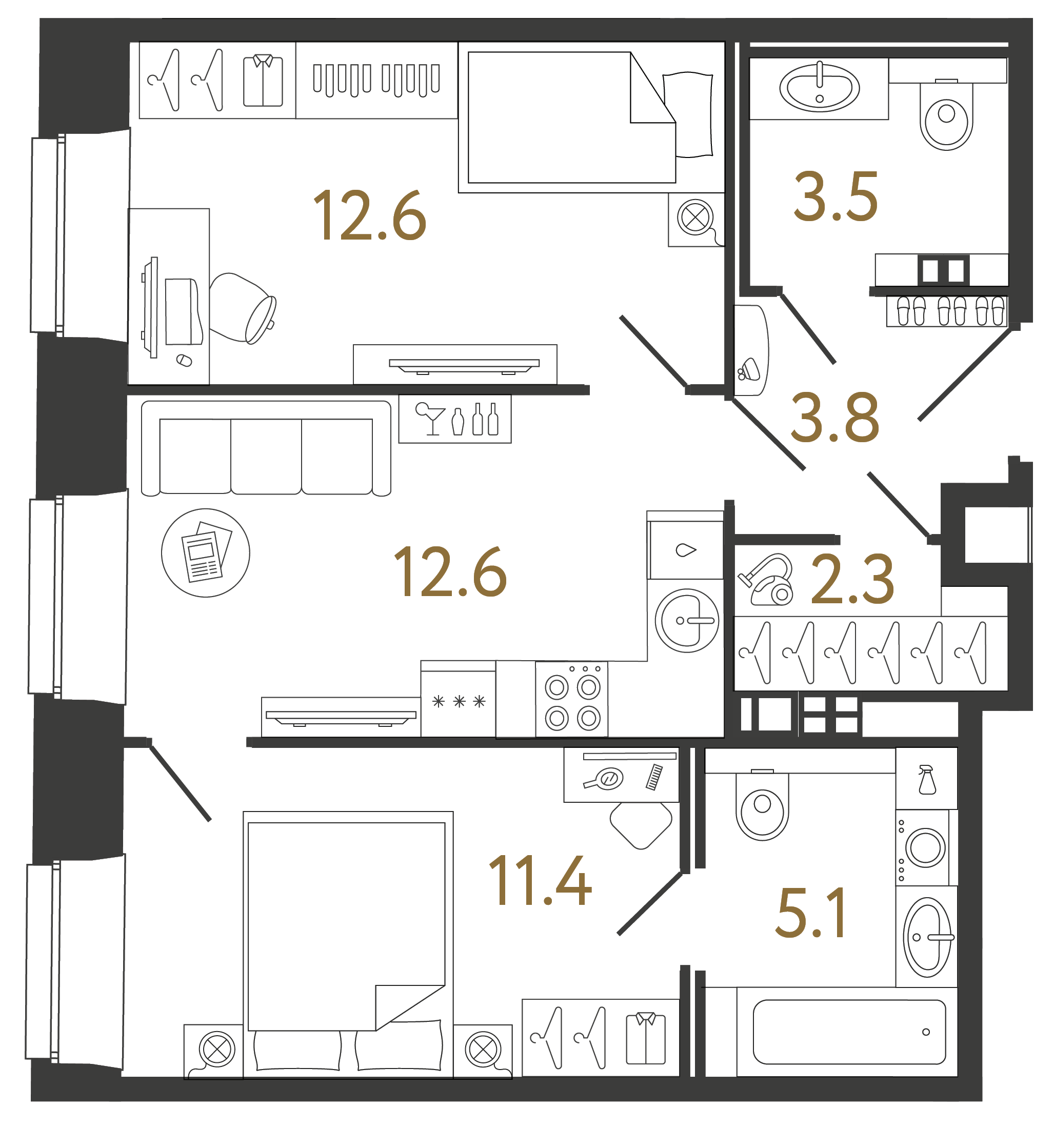 Двухкомнатные апартаменты 51.3 м²