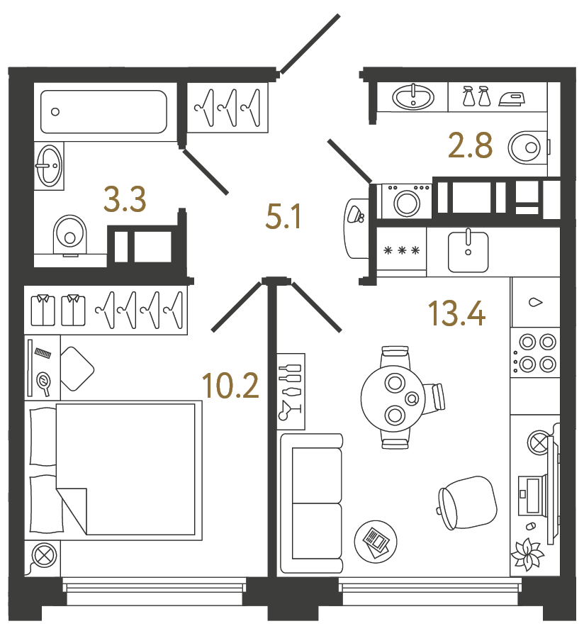 Однокомнатная квартира 34.8 м²