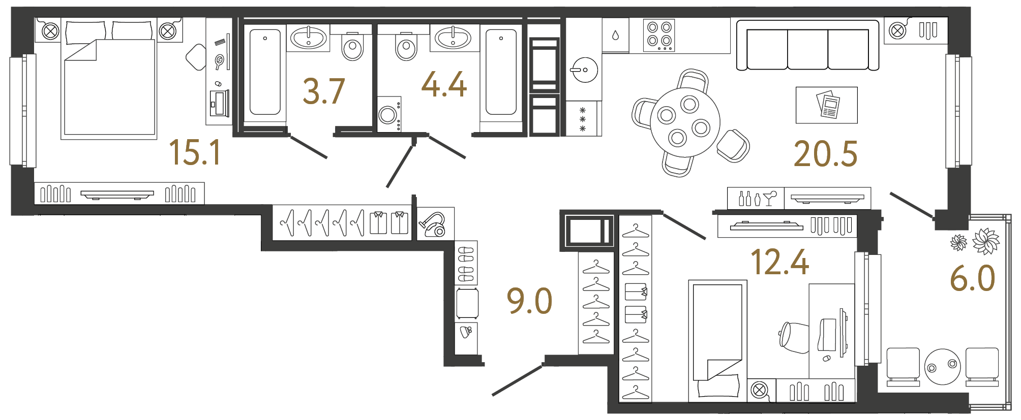 Двухкомнатная квартира 65.1 м²