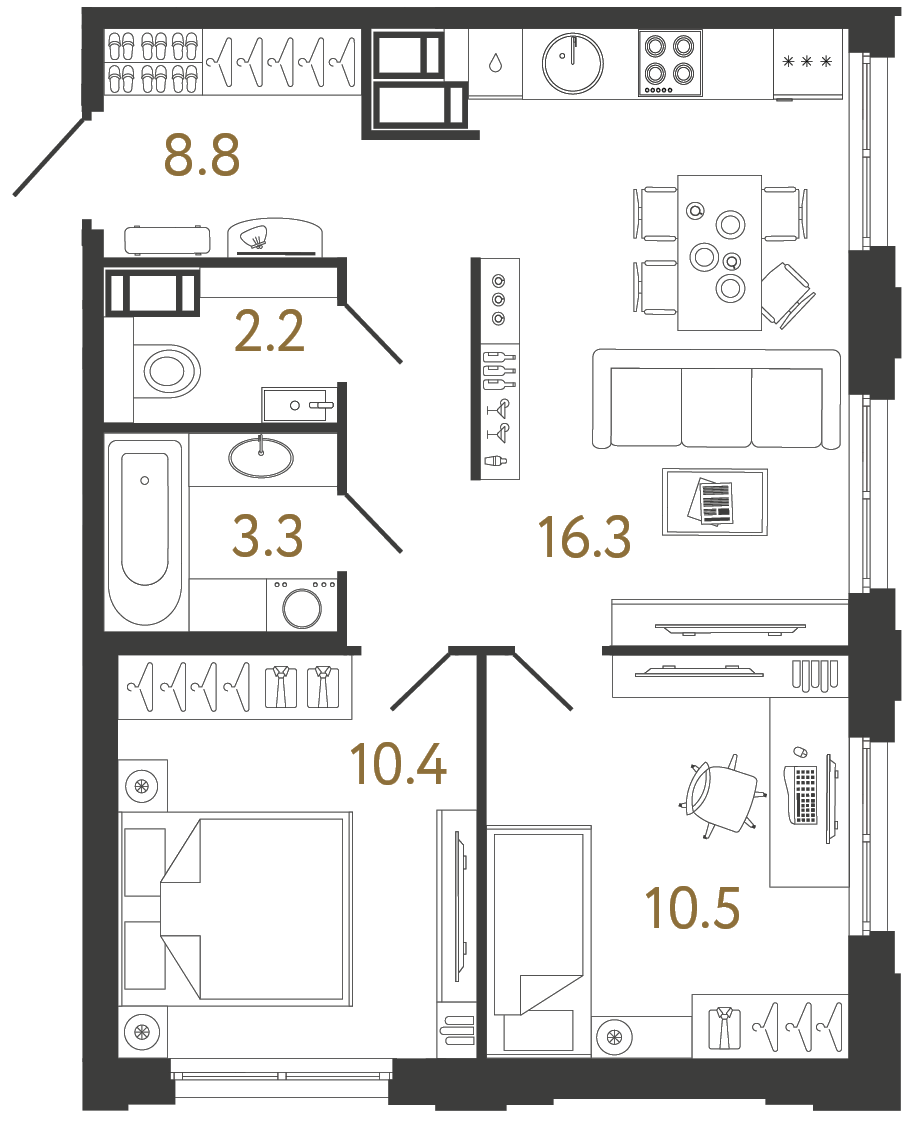 Двухкомнатная квартира 51.5 м²