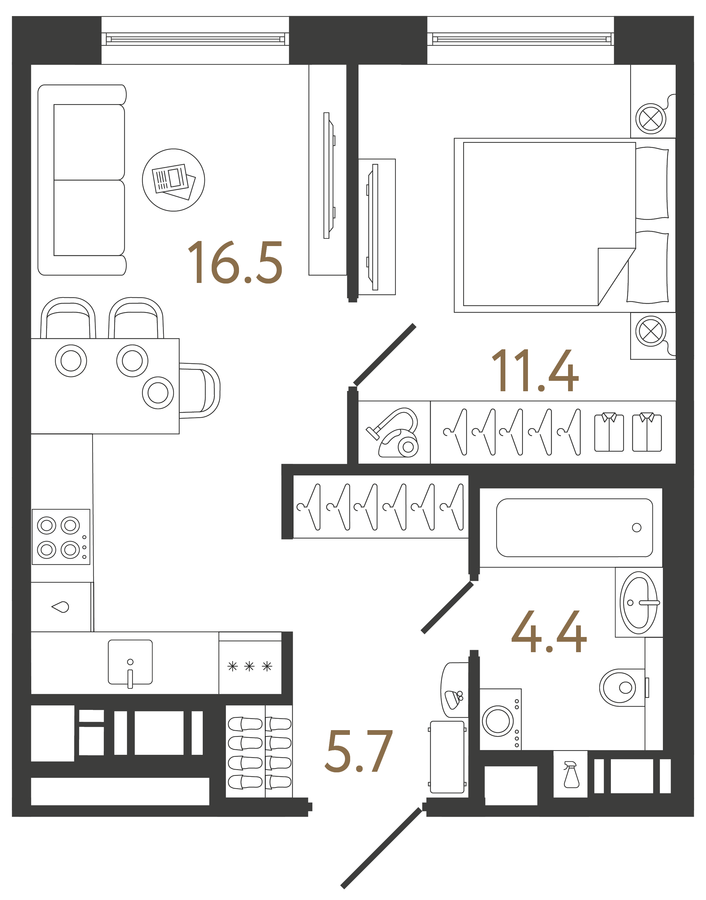 Однокомнатная квартира 38 м²