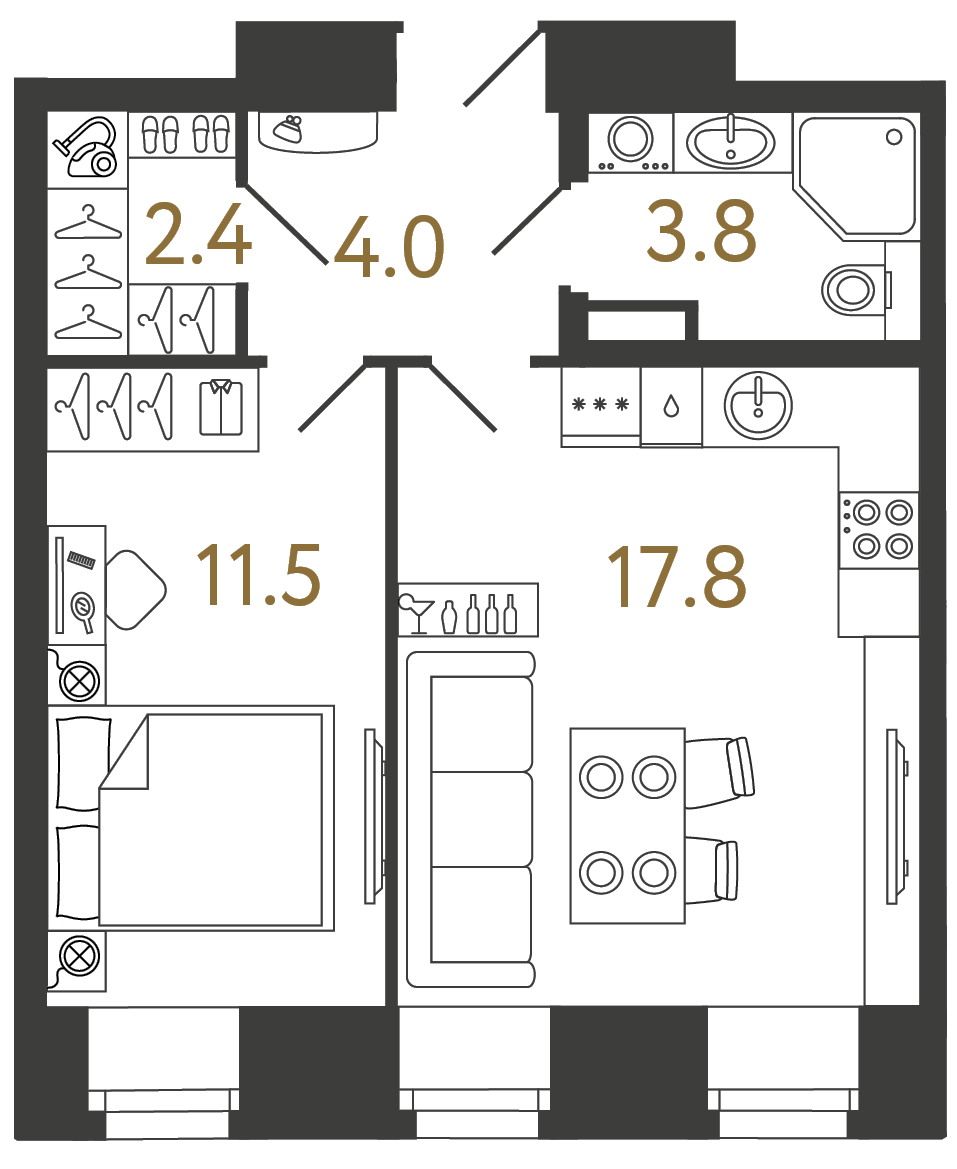Однокомнатные апартаменты 39.5 м²