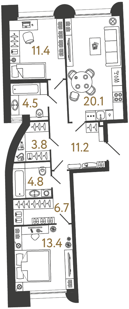 2-комнатная 75.9 м², 1 этаж