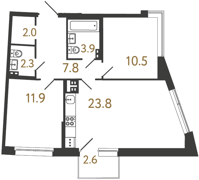 Двухкомнатная квартира №91 в ЖК Цвет Зеленогорска - 62.2 м²  - №2