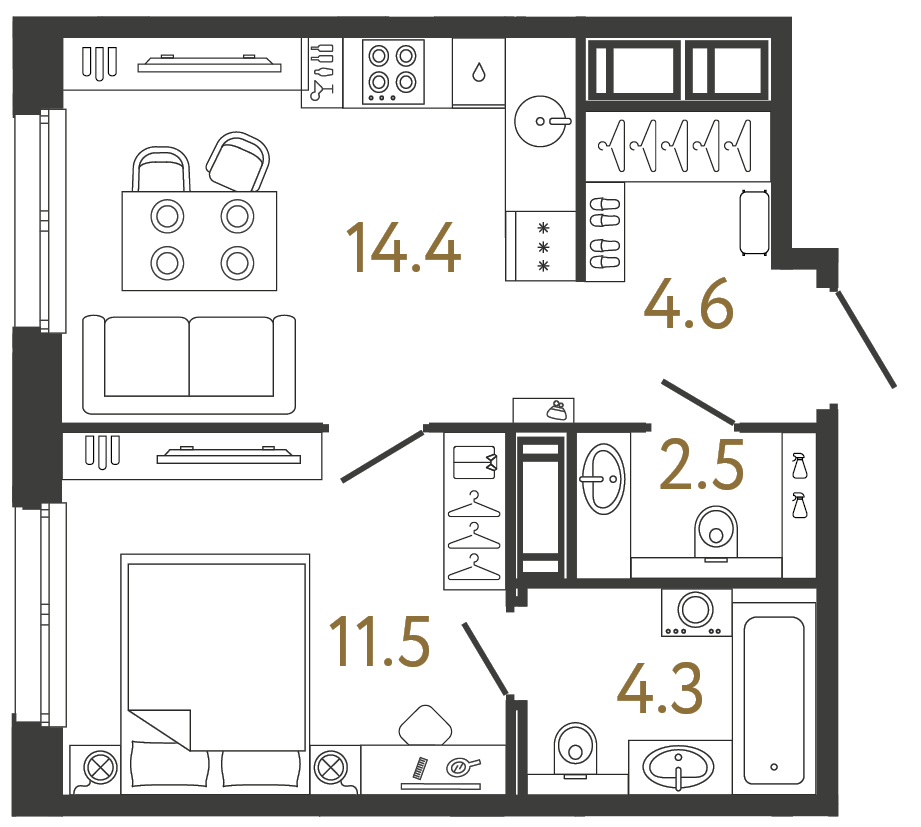 Однокомнатная квартира 37.3 м²