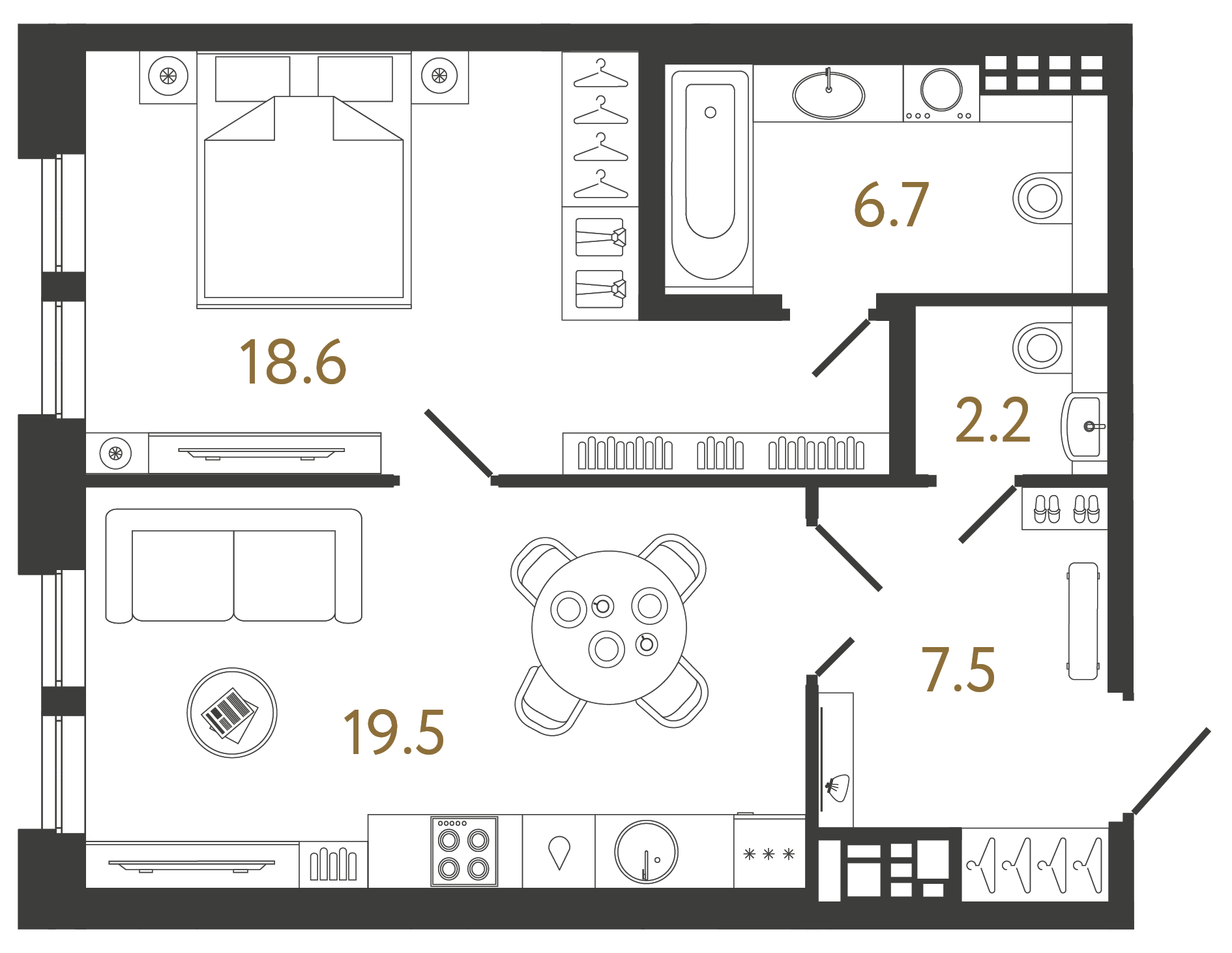 Однокомнатная квартира 54.5 м²
