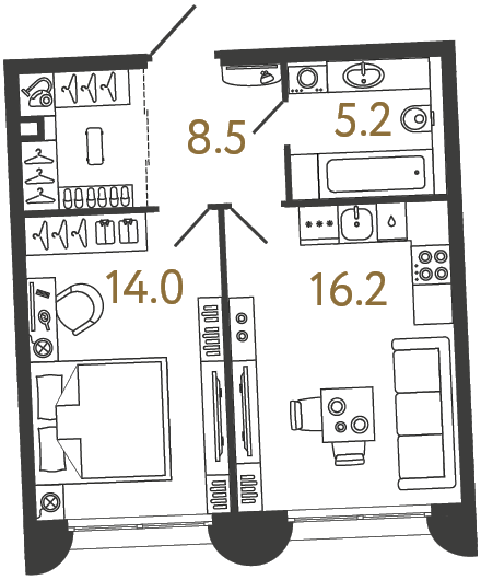 1-комнатная 43.9 м², 1 этаж