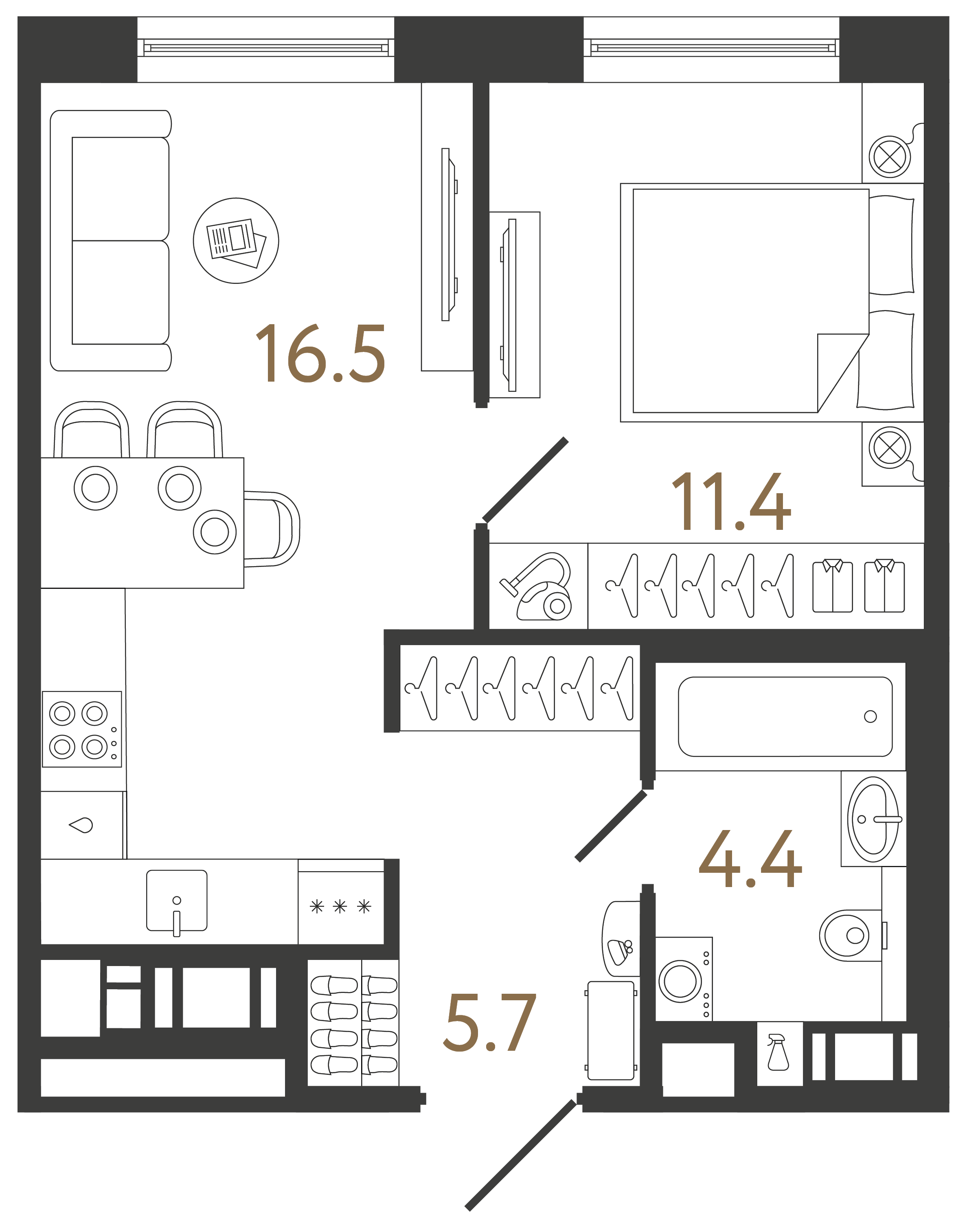 Однокомнатная квартира 38 м²
