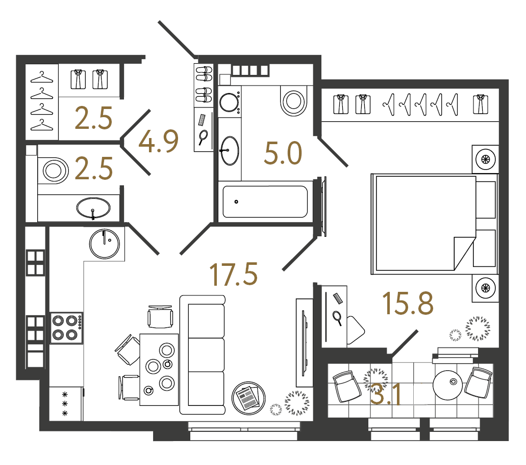 Однокомнатная квартира 48.2 м²