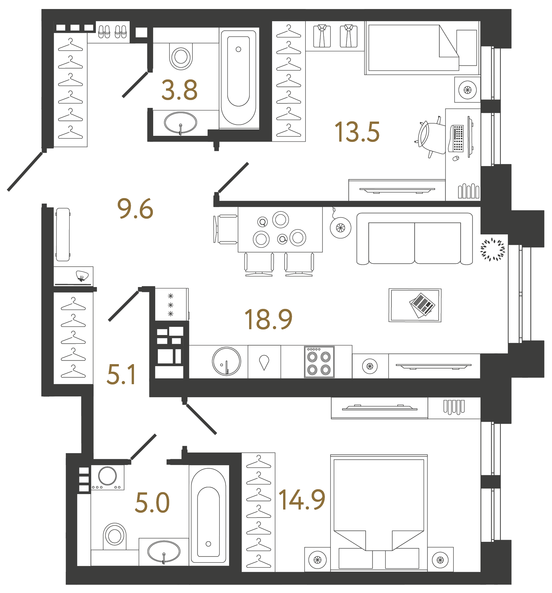 Двухкомнатная квартира 70.8 м²