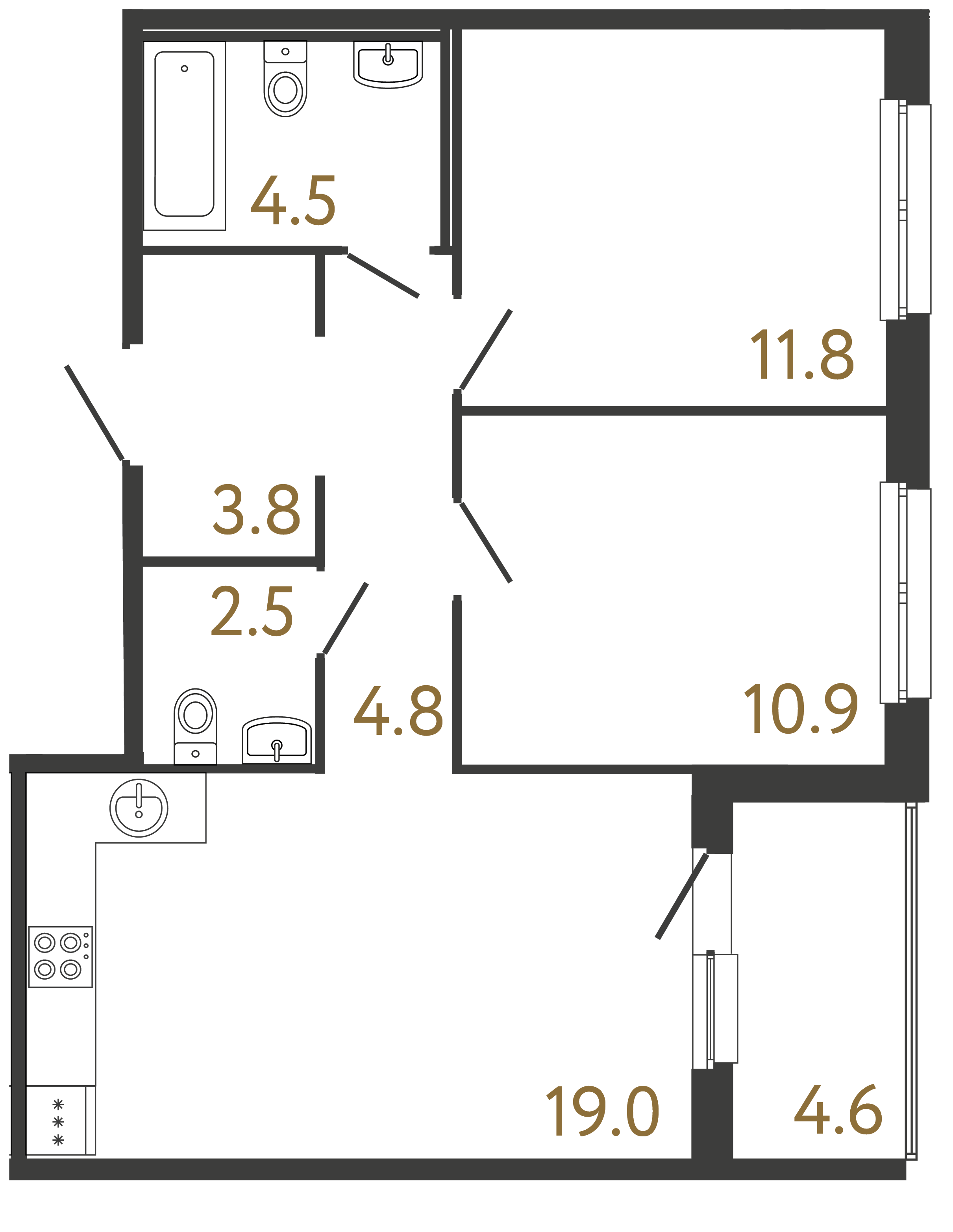 Двухкомнатная квартира 57.3 м²