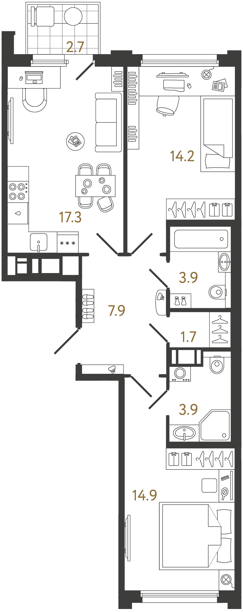 Двухкомнатная квартира 63.8 м²