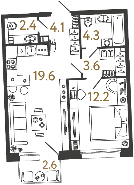1-комнатная 46.2 м², 2 этаж