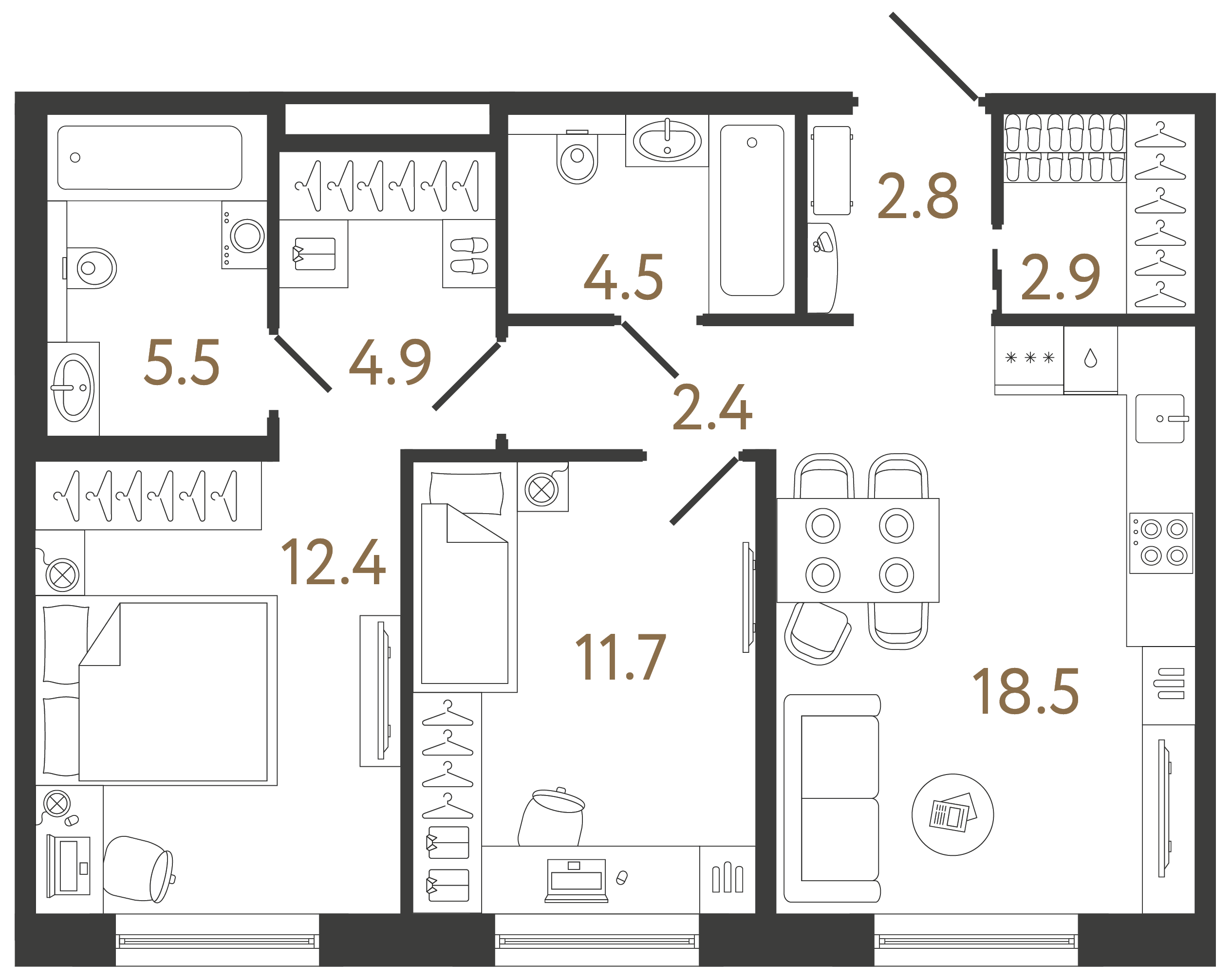Двухкомнатная квартира 65.6 м²