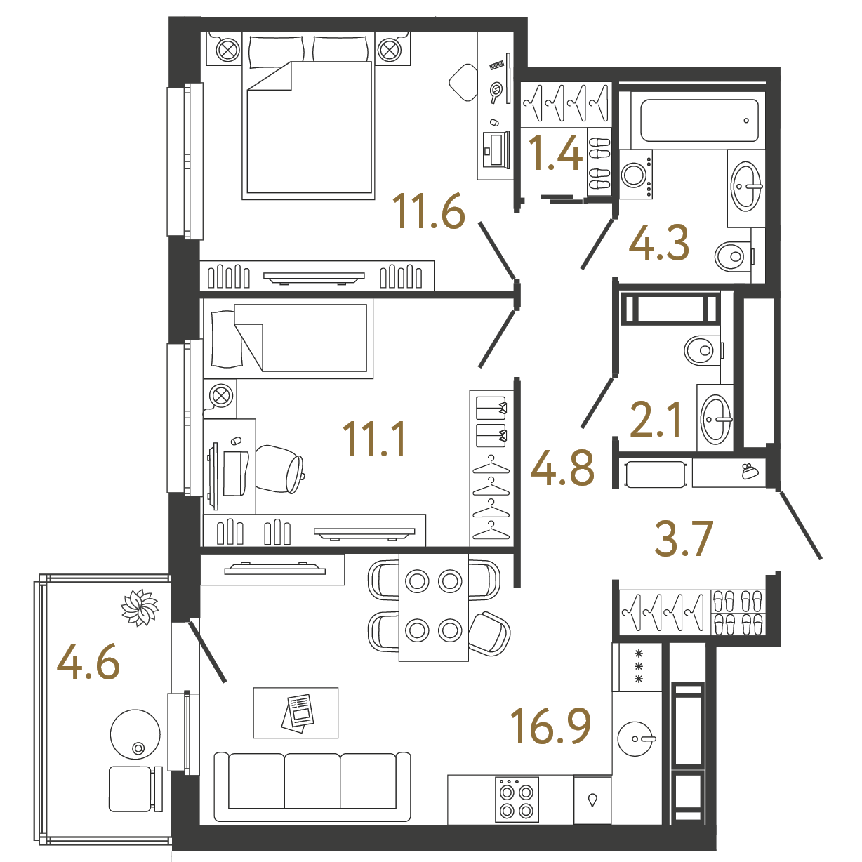 Двухкомнатная квартира 55.9 м²