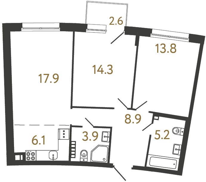 Двухкомнатная квартира №43 в ЖК Цвет Зеленогорска - 70.1 м²  - №2