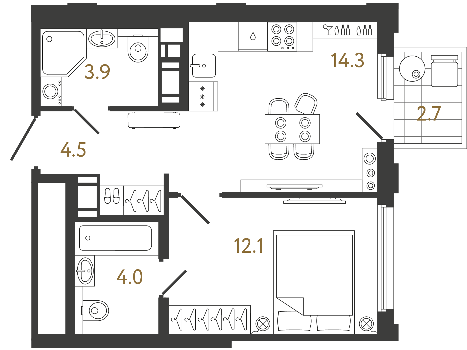 Однокомнатная квартира 38.8 м²