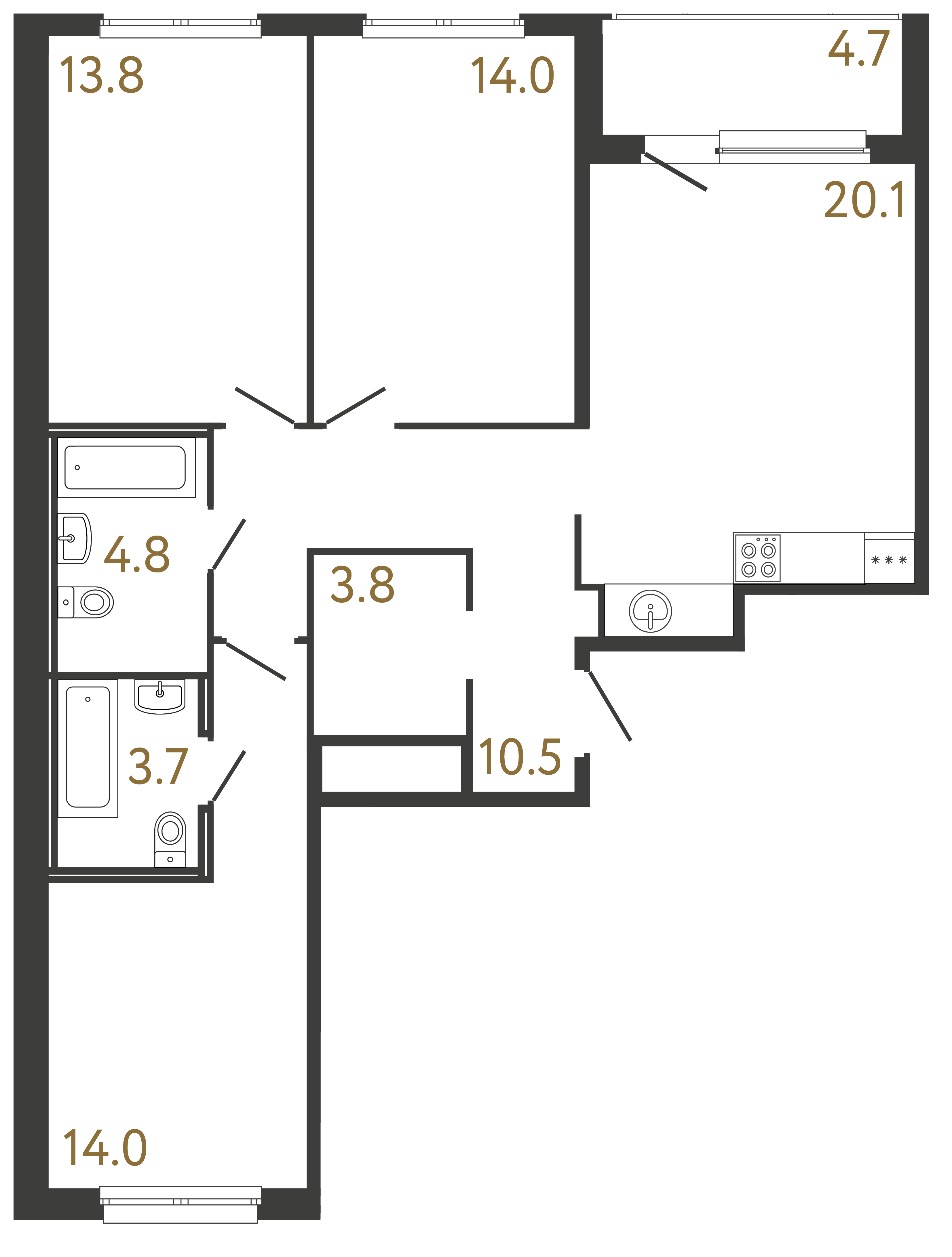 Трёхкомнатная квартира 84.7 м²