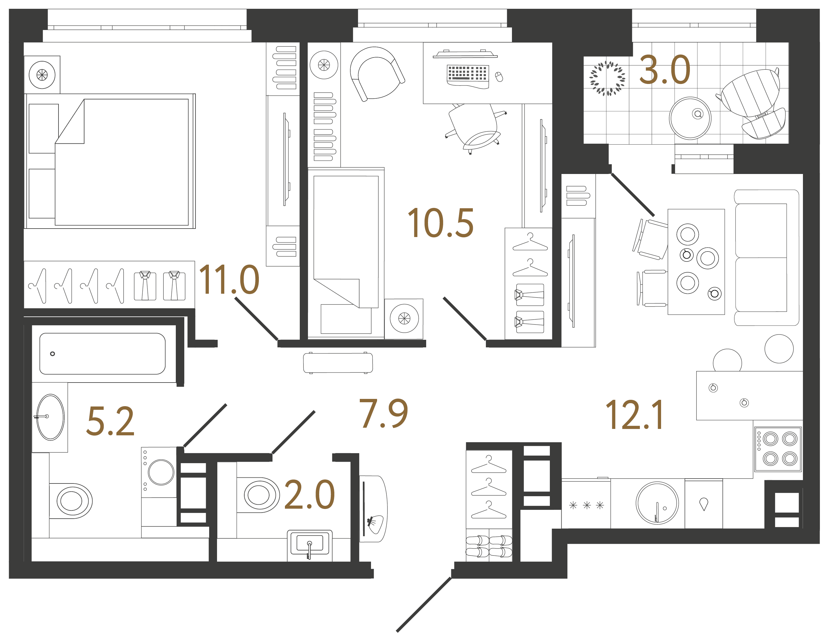 Двухкомнатная квартира 48.7 м²