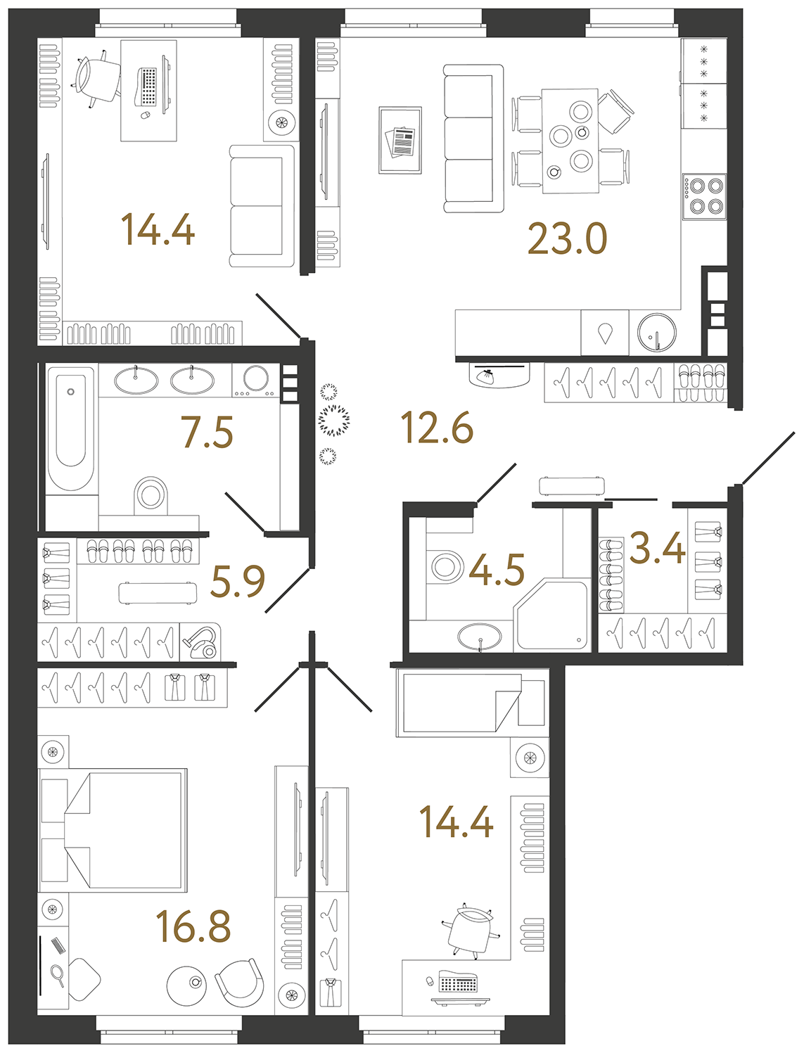 Трёхкомнатная квартира 102.5 м²