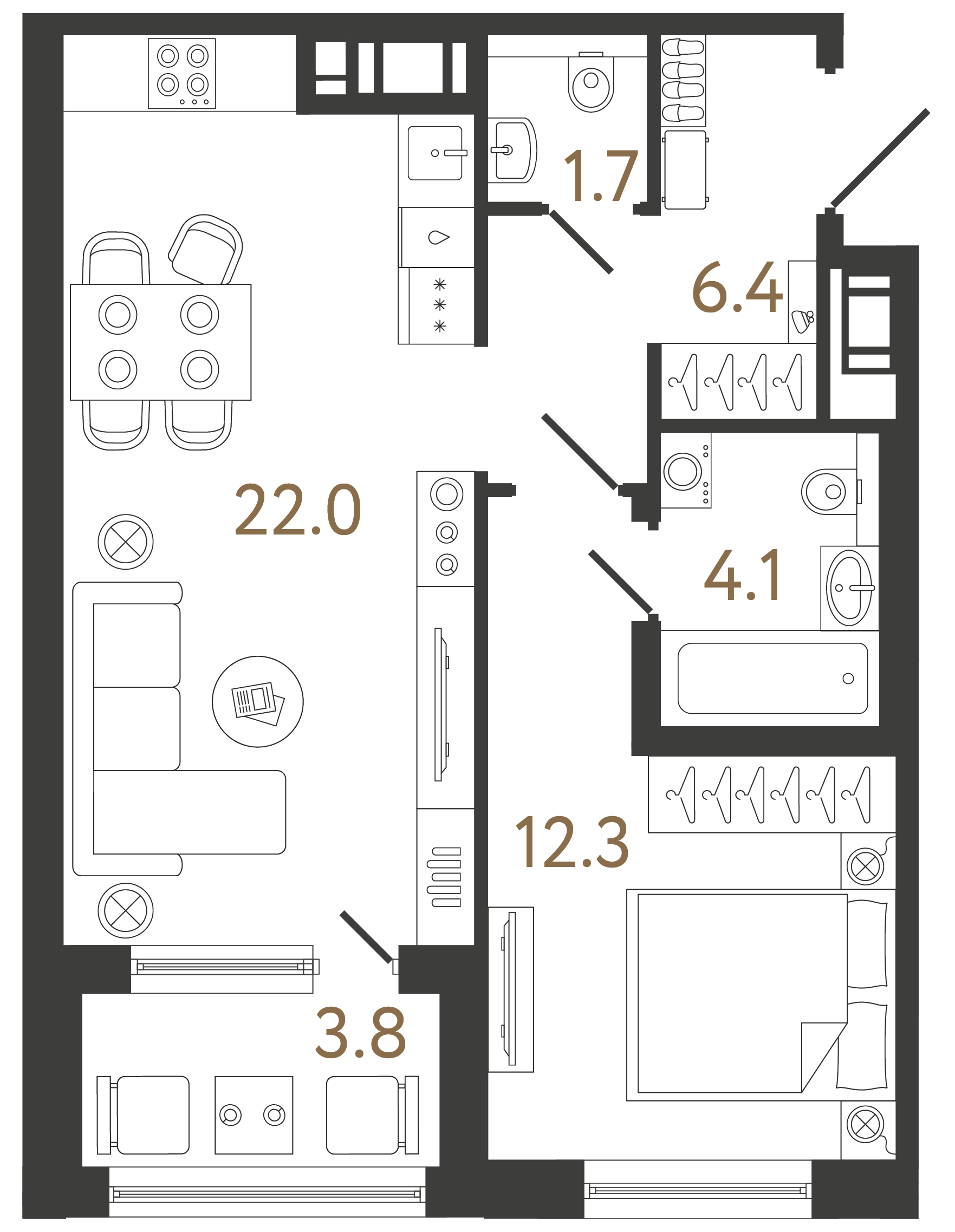 Однокомнатная квартира 46.5 м²