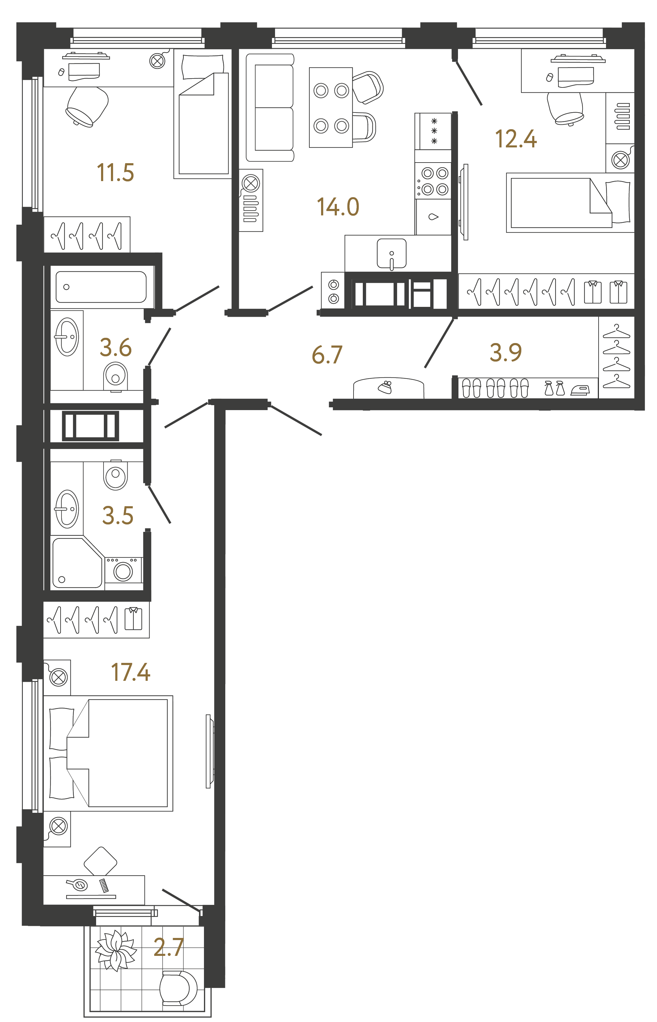 Трёхкомнатная квартира 73 м²