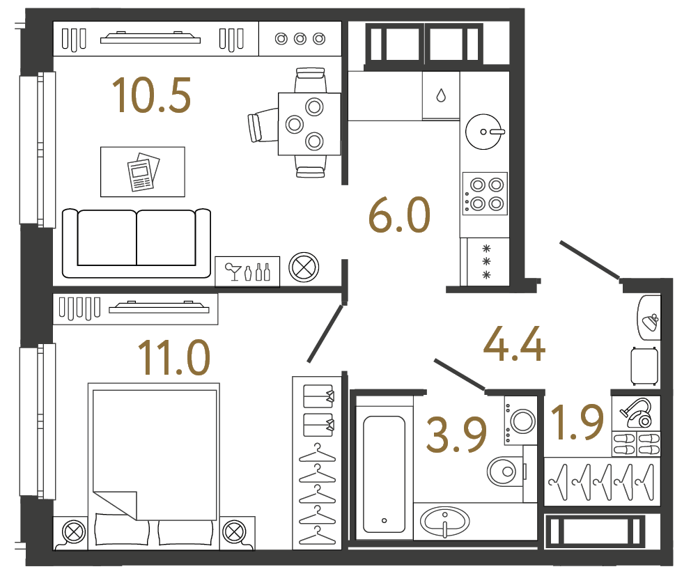 Однокомнатная квартира 37.7 м²