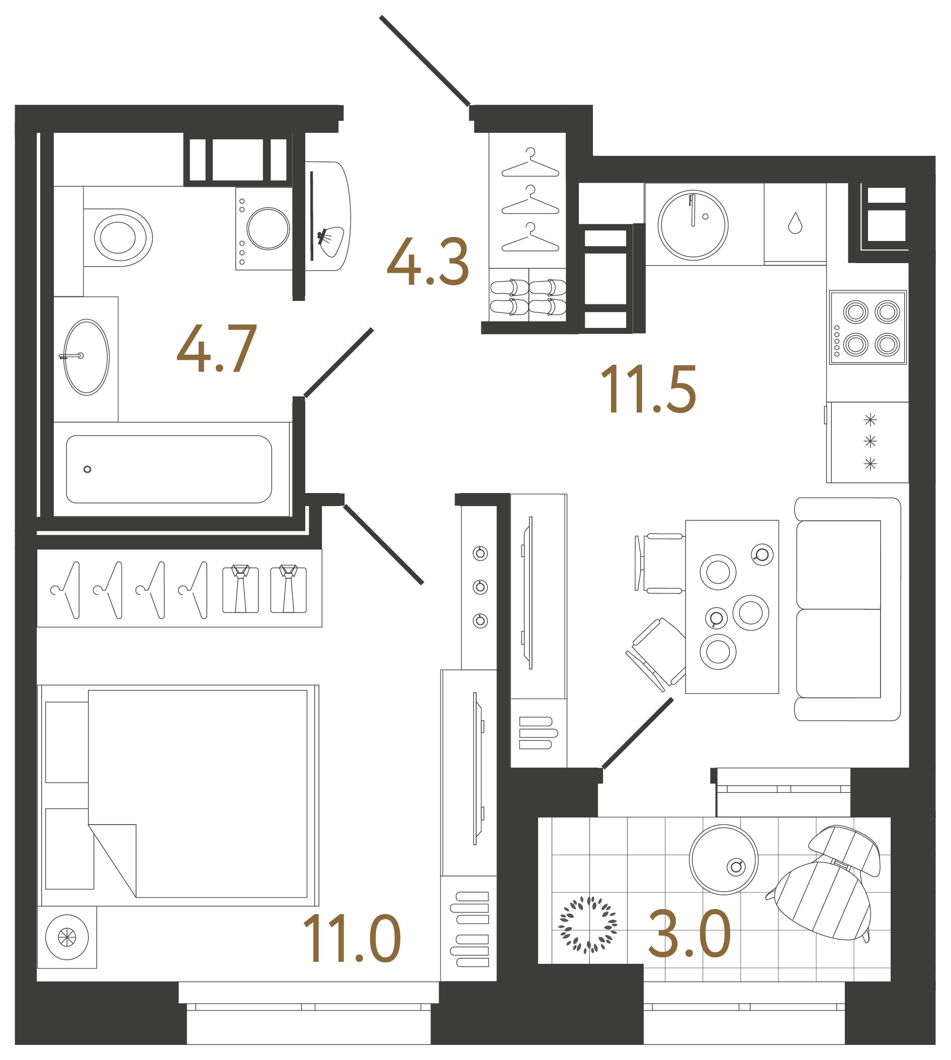 Однокомнатная квартира 31.5 м²
