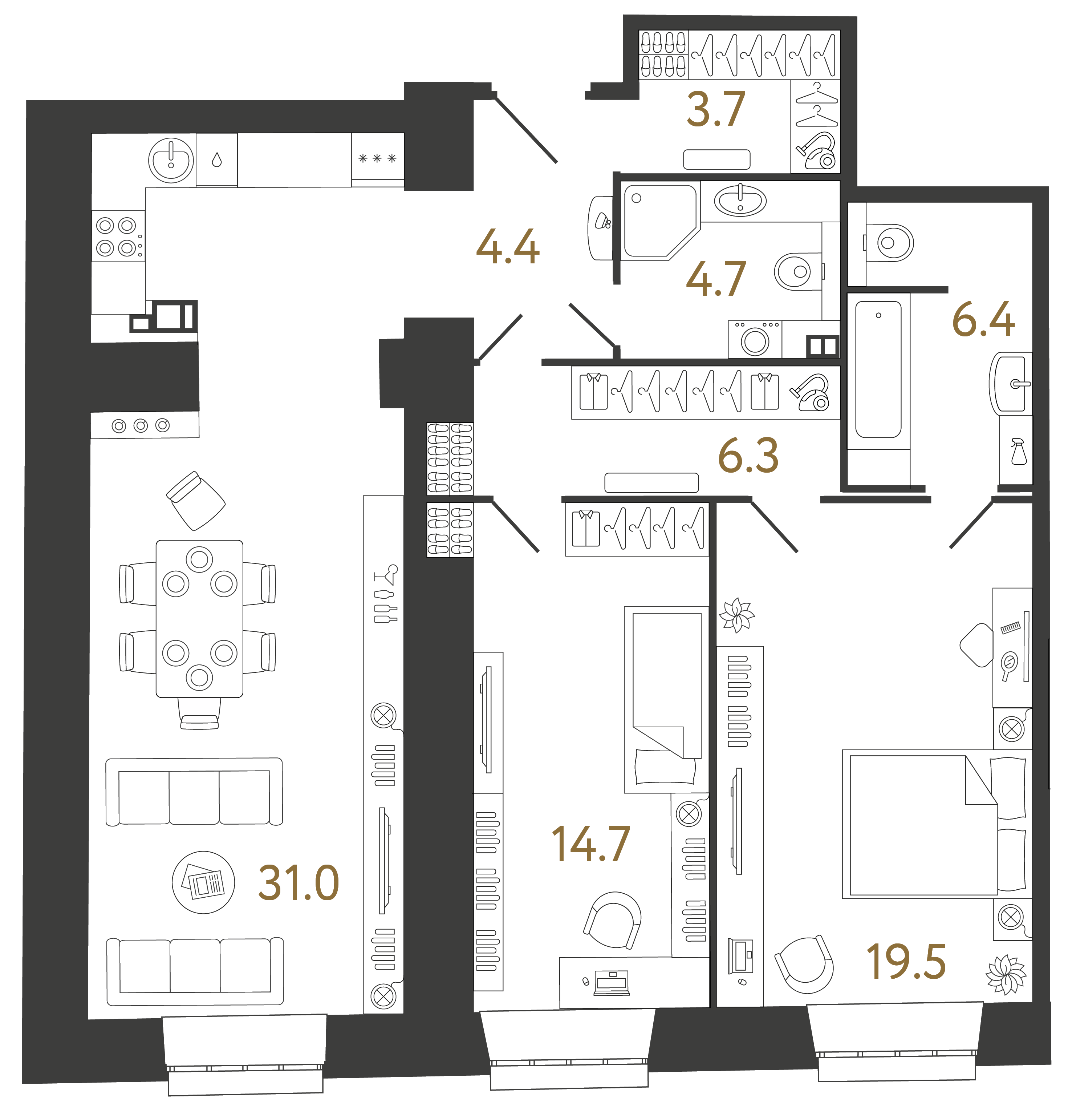 Двухкомнатные апартаменты 90.7 м²