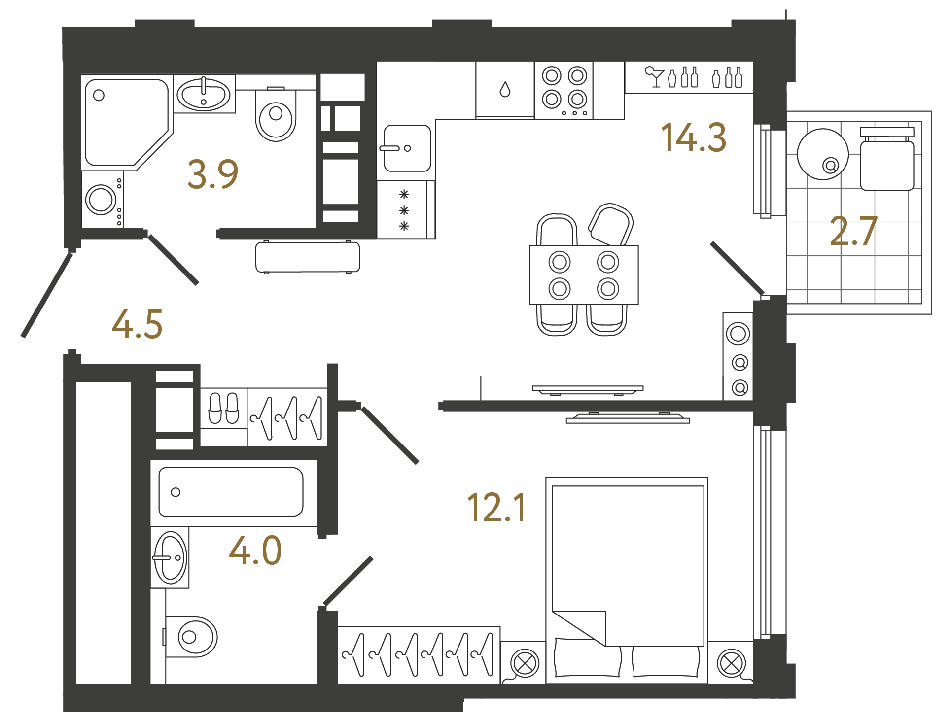Однокомнатная квартира 38.8 м²