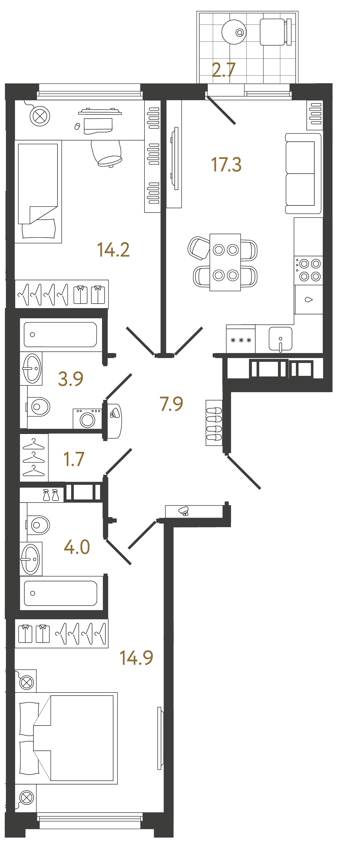 Двухкомнатная квартира 63.9 м²