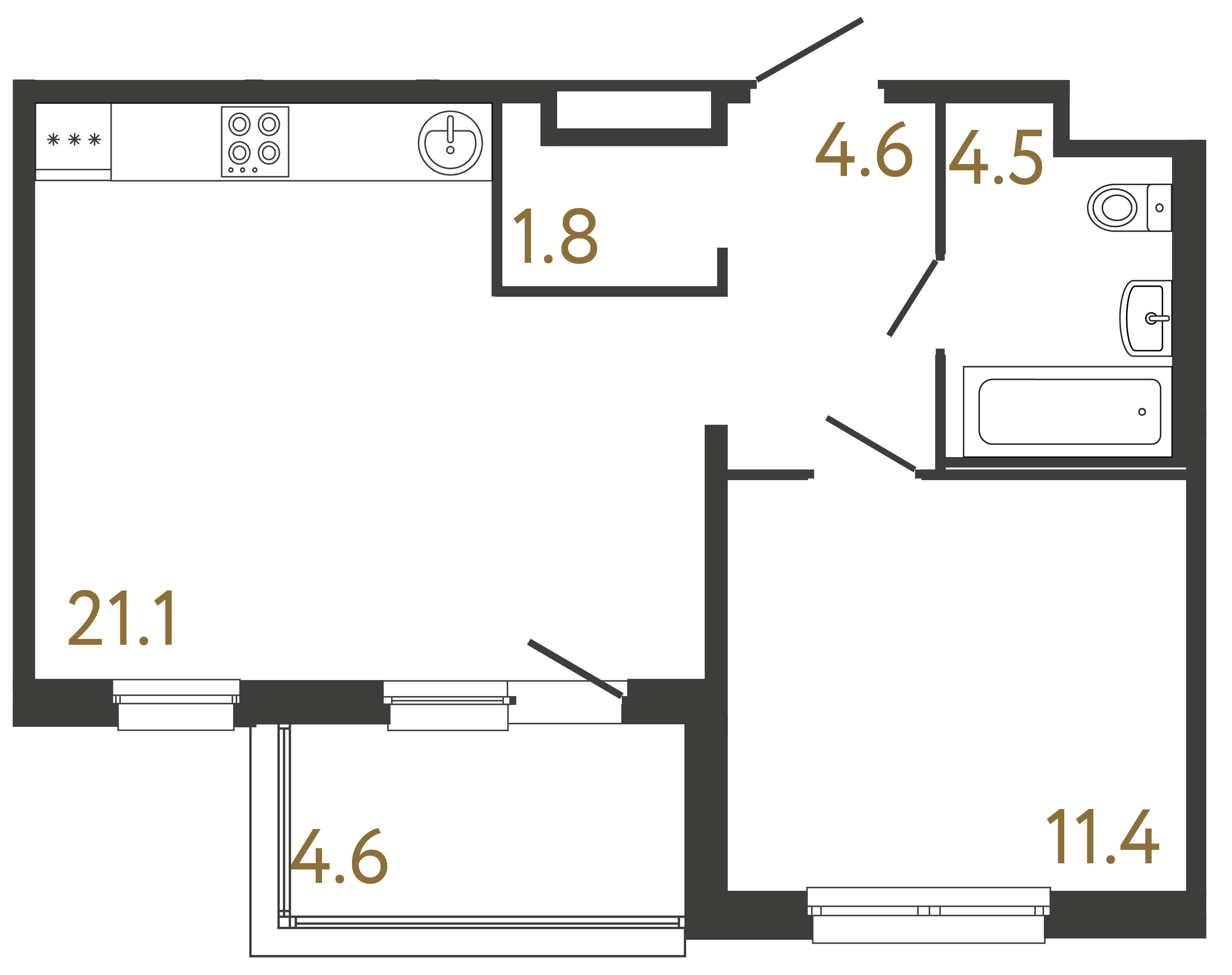 Однокомнатная квартира 43.4 м²