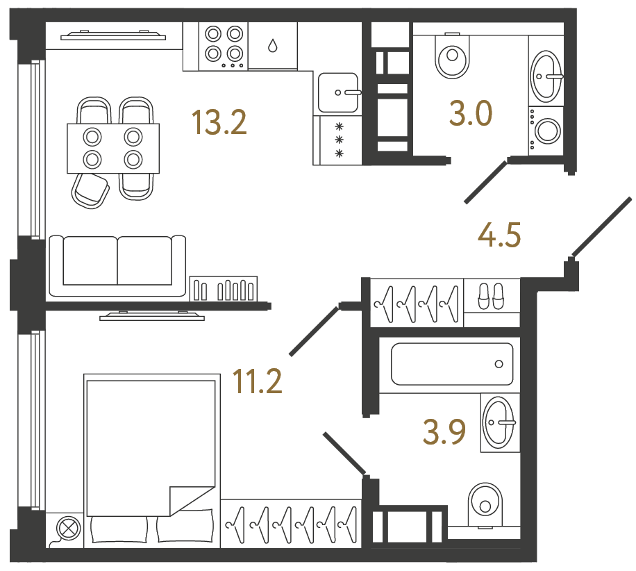 Однокомнатная квартира 35.8 м²