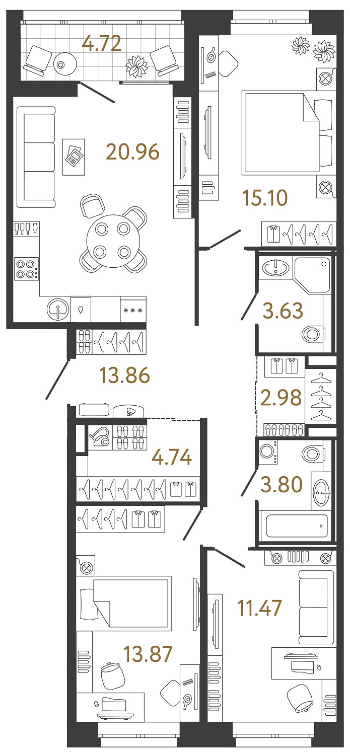 Трёхкомнатная квартира 90.41 м²