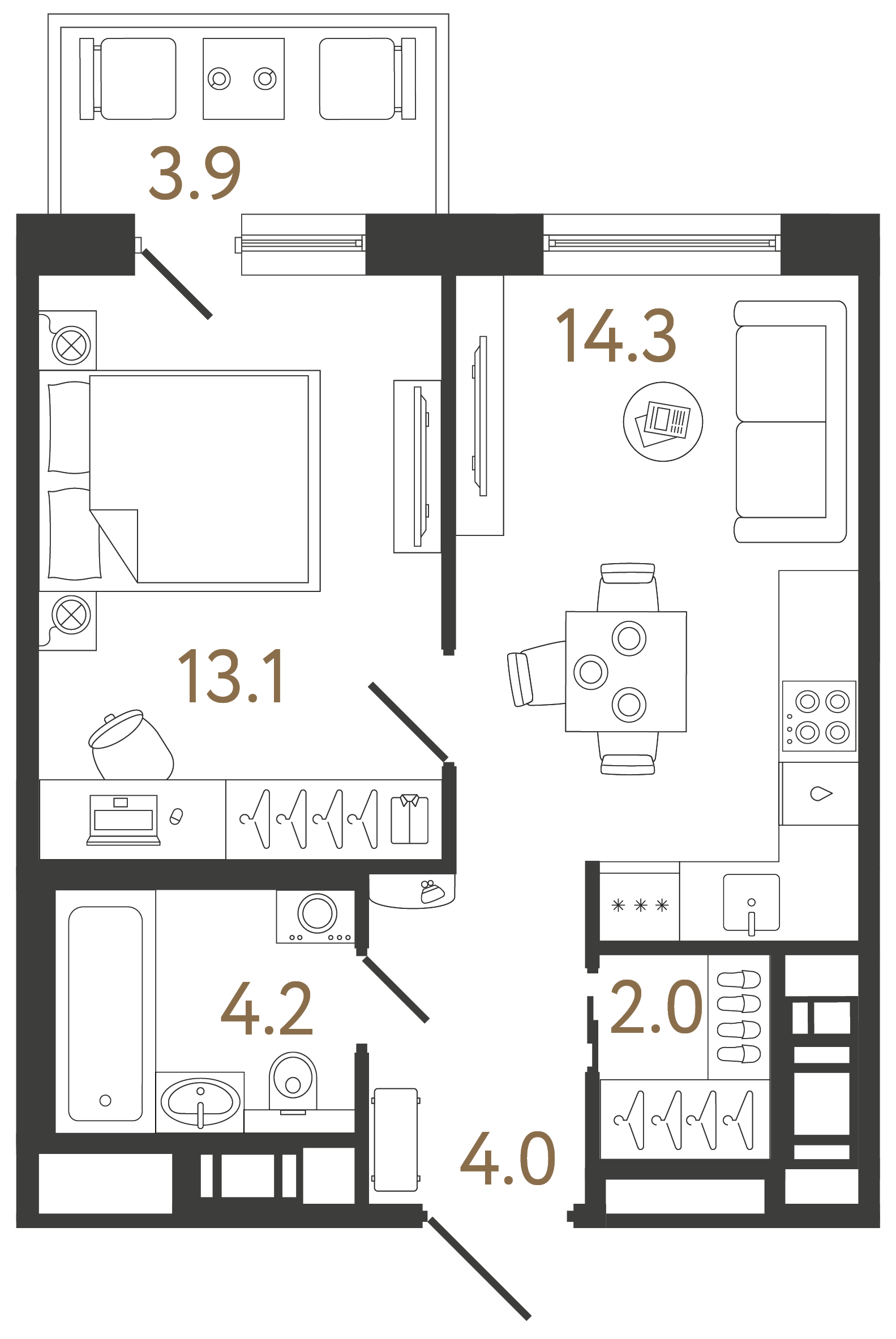 Однокомнатная квартира 37.6 м²