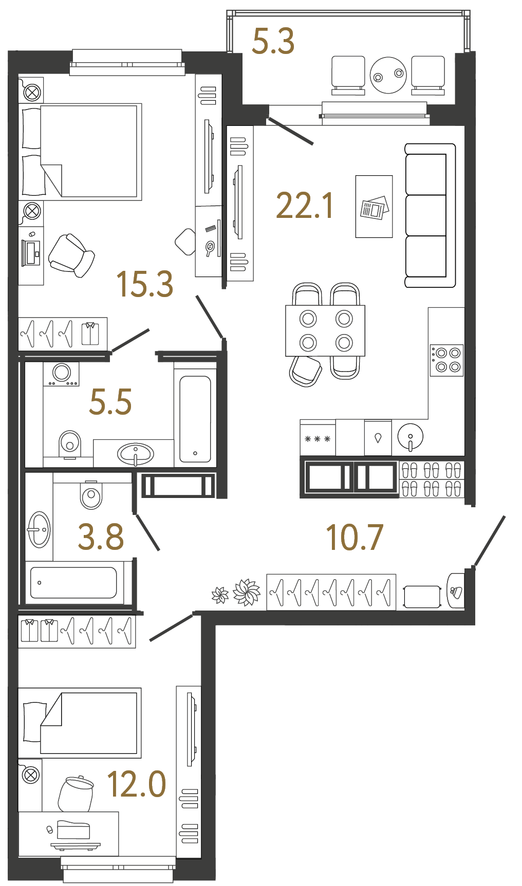 Двухкомнатная квартира 69.4 м²
