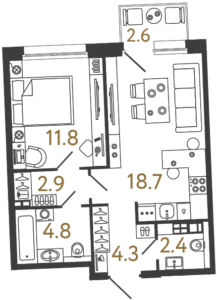Однокомнатная квартира №21 в ЖК Цвет Зеленогорска - 44.9 м²