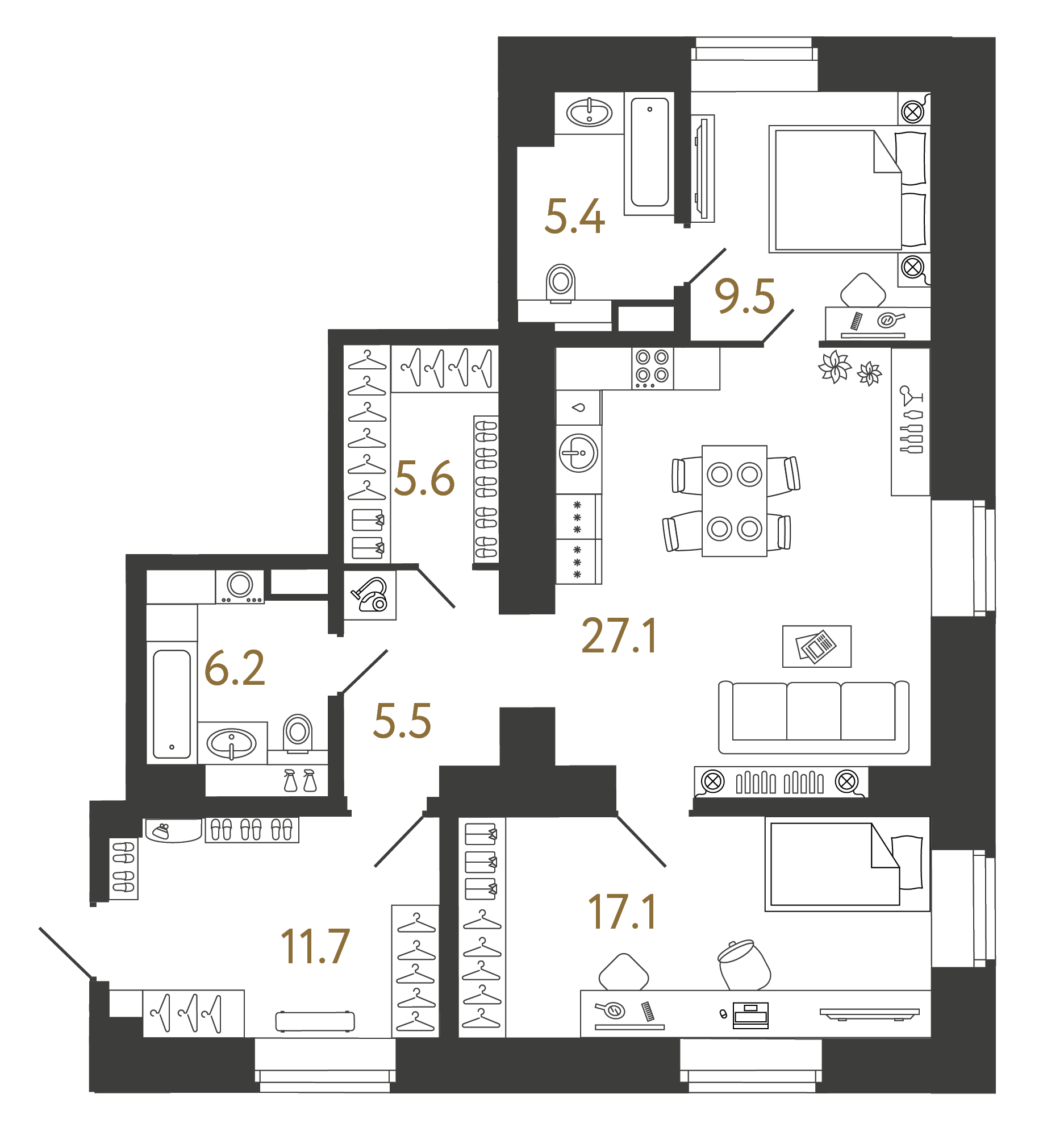 Двухкомнатный номер 88.1 м²