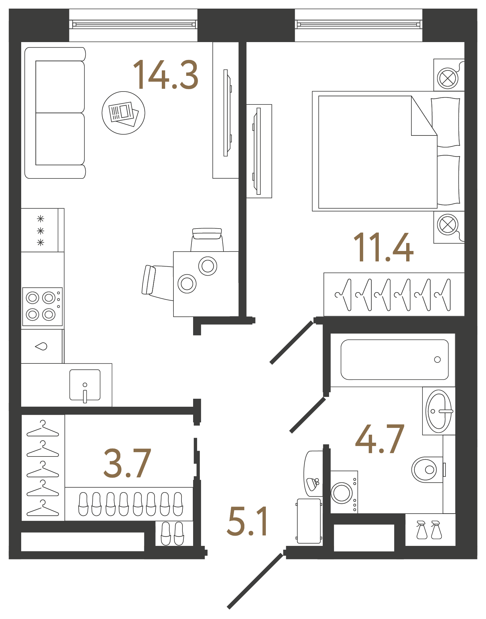Однокомнатная квартира 39.2 м²